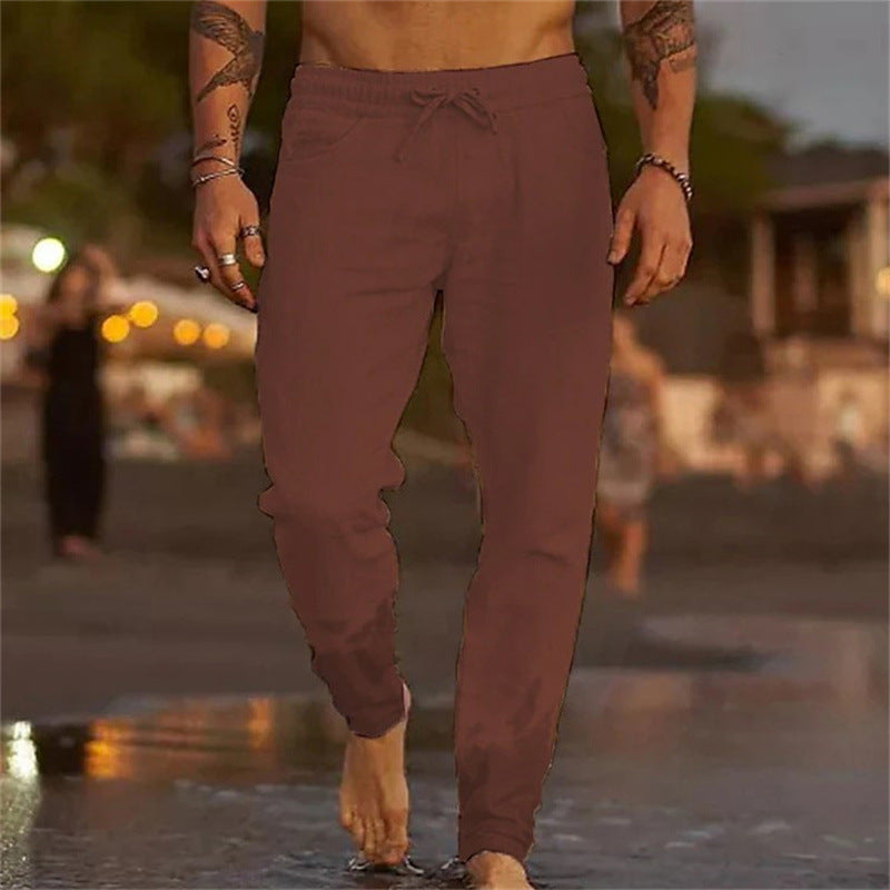 Men's Solid Color Drawstring Cotton Linen Loose Casual Beach Pants