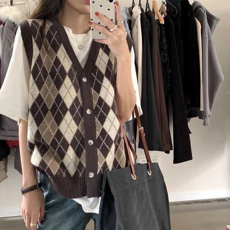 Fashion Diamond Plaid Sweater Vest Cardigan Jacket Women