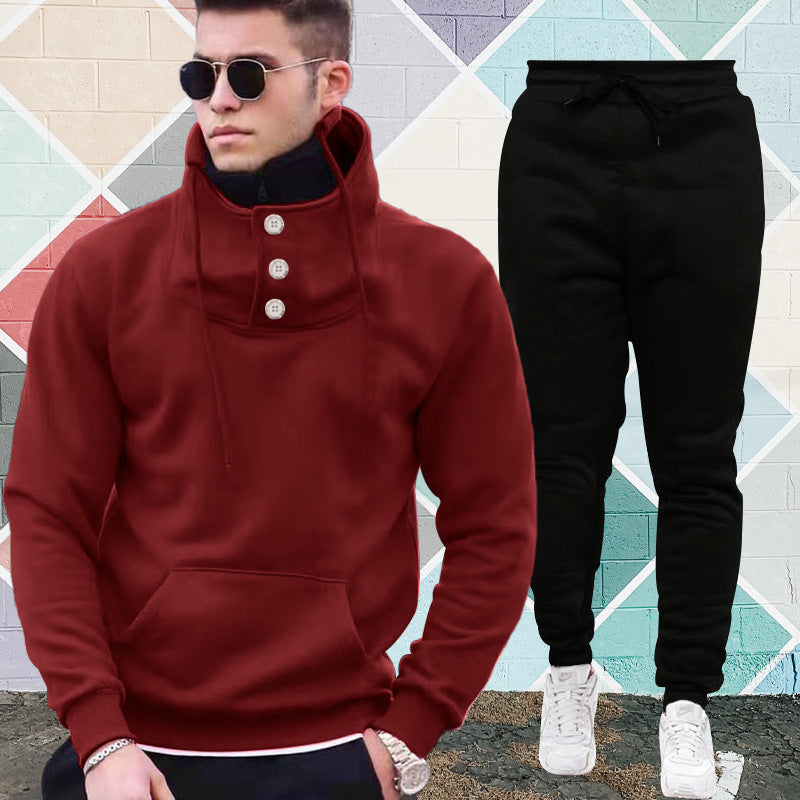 Hooded Pullover High Collar Double Collar Plush Casual Sports Sweater Suit For Men