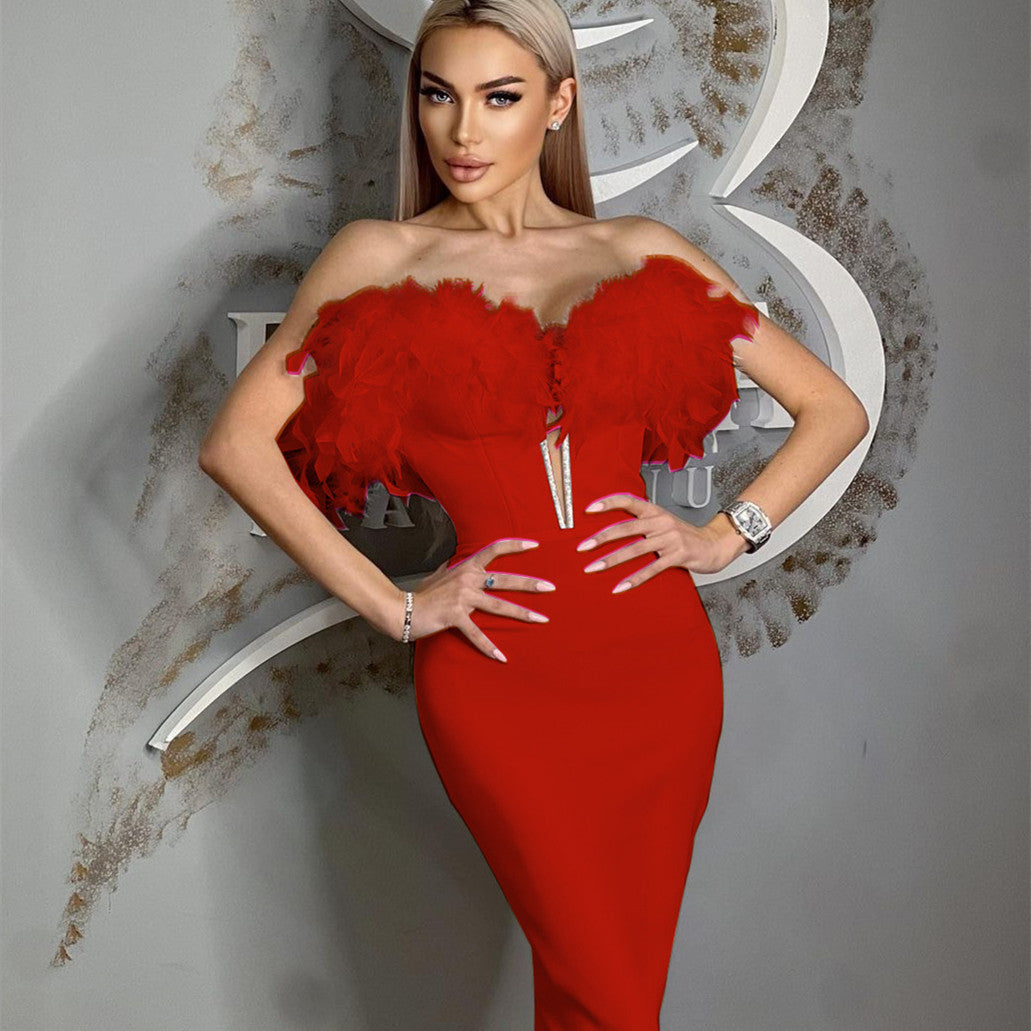 European And American Fashion High-end Affordable Luxury Diamond Feather Elegant French Bandage One-piece Dress