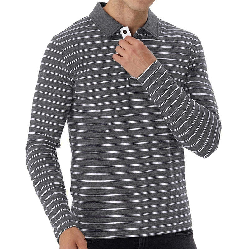 Business Men's Lapel Striped Long-sleeved T-shirt Polo Shirt