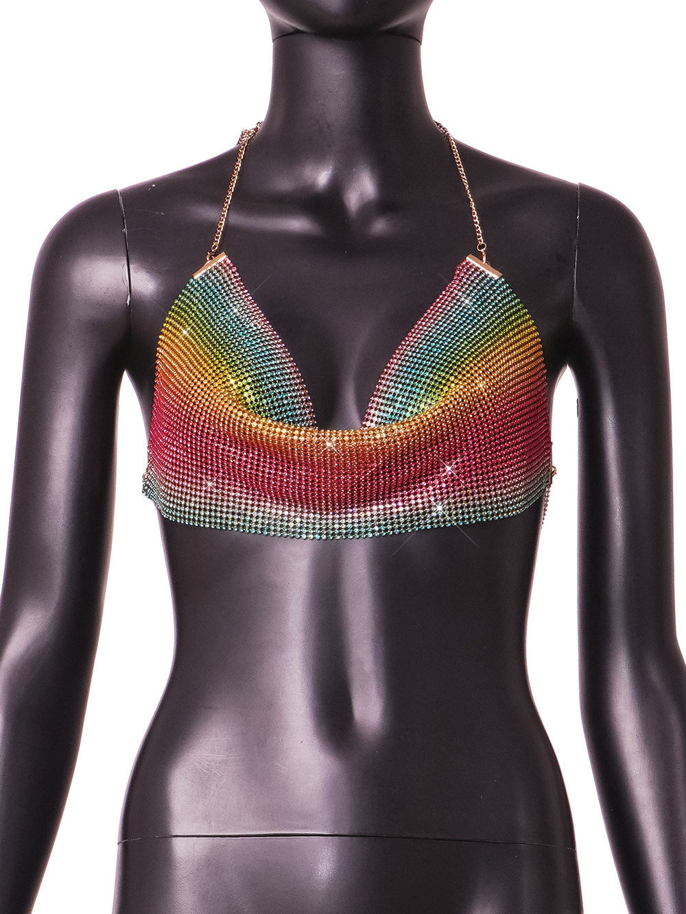 Women's Fashion Metal Super Flash Rhinestone Chain Halter Tube Top Sling