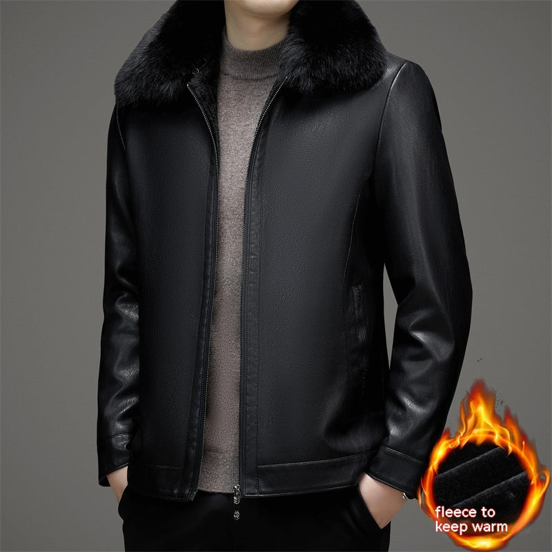 Business Casual Big Fur Collar Men's Leather Coat