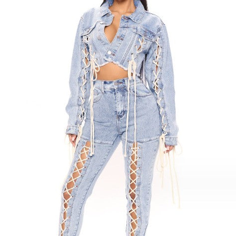 Lace-up Denim Coat For Women