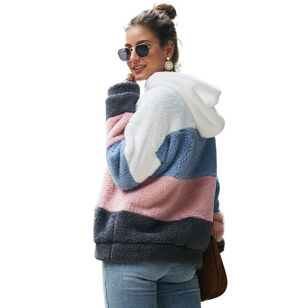 Stitching Loose Coat Plush Sweater Top Women