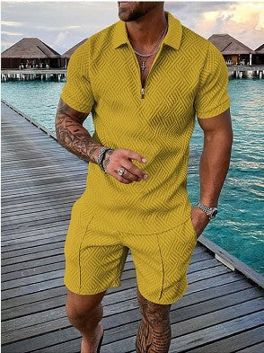 Men's Lapel Print Zipper Short Sleeve Shorts Suit