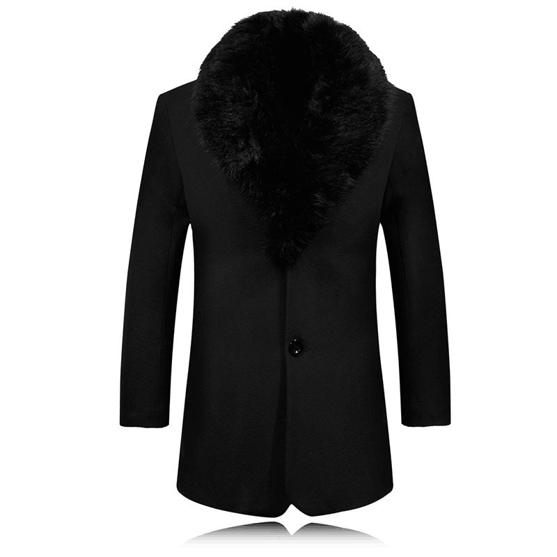 Men's Woolen Solid Color Plus Velvet Large Fur Collar Warm Windbreaker