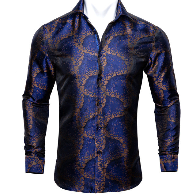 Barry.Wang Teal Paisley Floral Silk Shirts Men Autumn Long Sleeve Casual Flower Shirts For Men Designer Fit Dress Shirt BCY-05