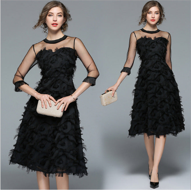 Tassel Feather Dress Mesh PrincessPettiskirt Elegant Lady