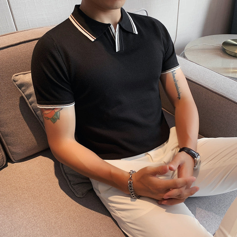 Summer Slim Men's White Knitted Short-Sleeved Polo Shirt