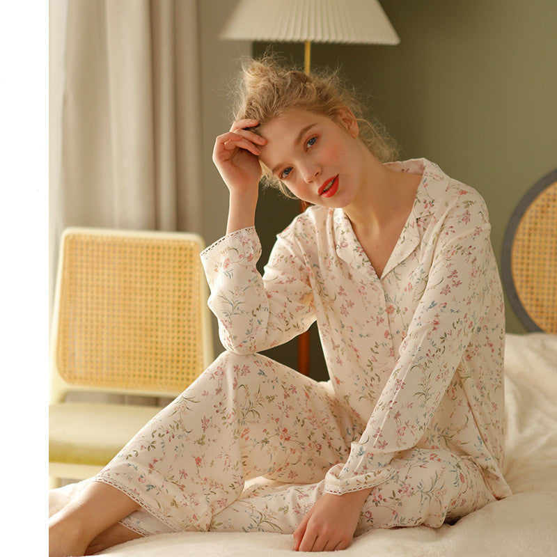 Rayon Satin Small Willow Leaf Floral Print Loungewear