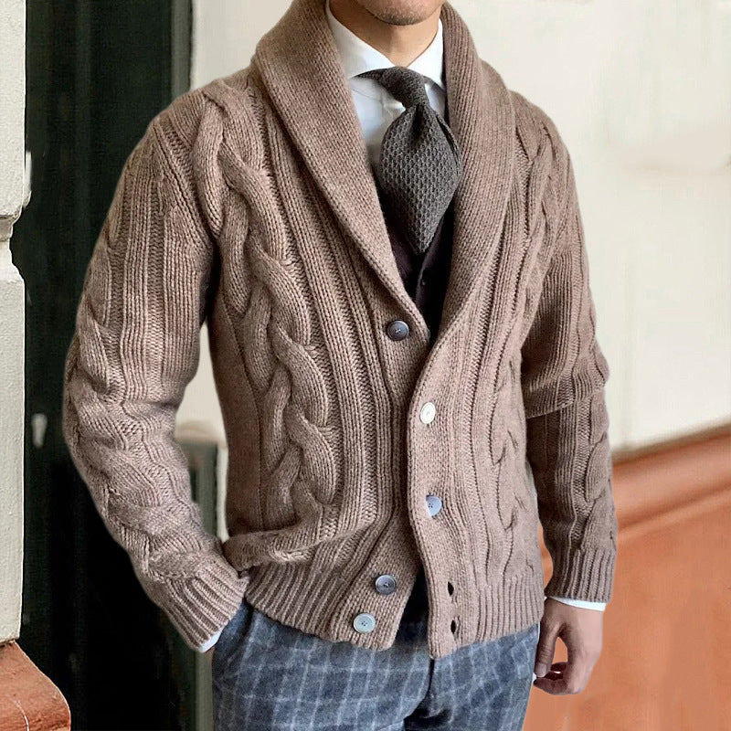 Autumn And Winter New Knitted Cardigan Men's Lapel Long Sleeve Twisted Sweater Coat