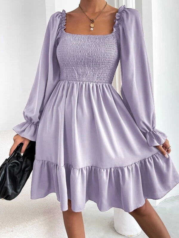 Flared Long Sleeve Dresses Women Square Neck Ruffled Swing Dress