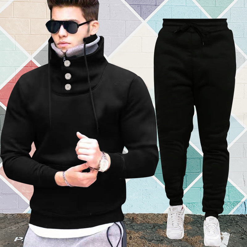 Hooded Pullover High Collar Double Collar Plush Casual Sports Sweater Suit For Men