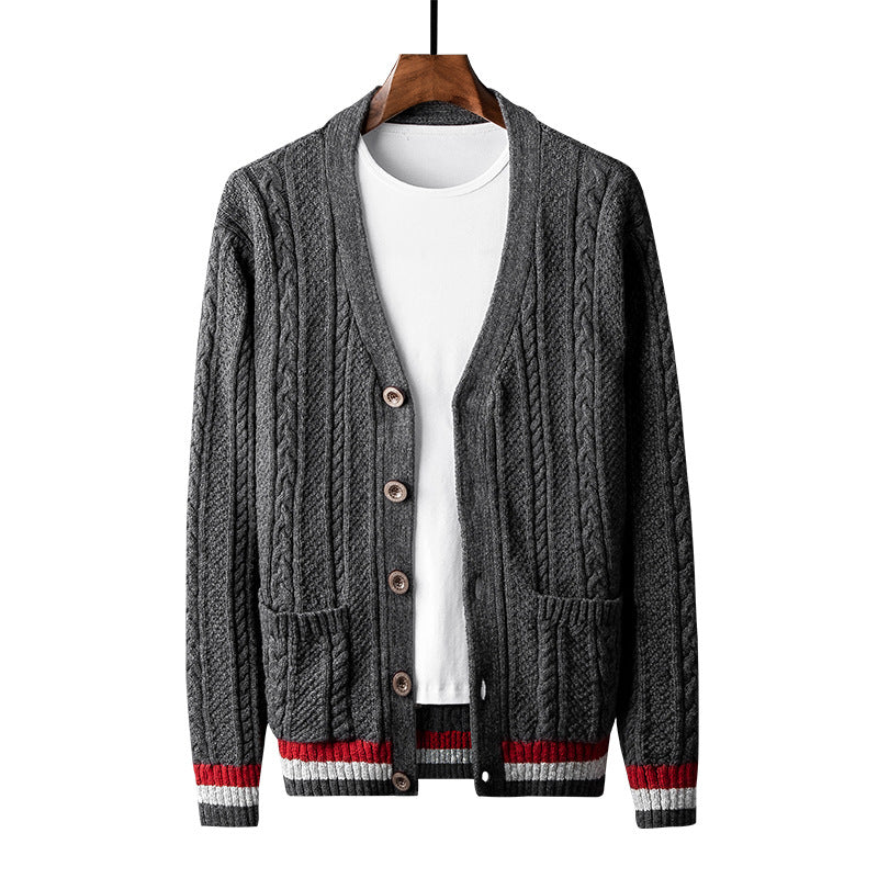 American Style Trend Pure Cotton Cardigan Sweater Plus Size V-neck Coat Contrast Color Men