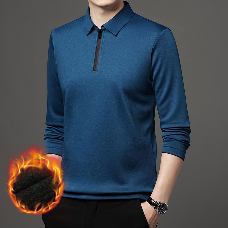 Half Zipper Fleece-lined Thickened Polo Shirt Men Polo Collar Solid Color