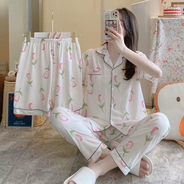 Fruit Pajamas Women's New Summer Thin Short-sleeved Trousers Milk Silk Cute Loungewear Three-piece Suit