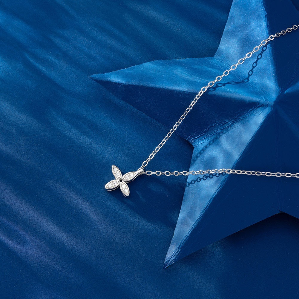 Lucky Four-Leaf Clover Sterling Silver Flower Zircon Pendant Necklace