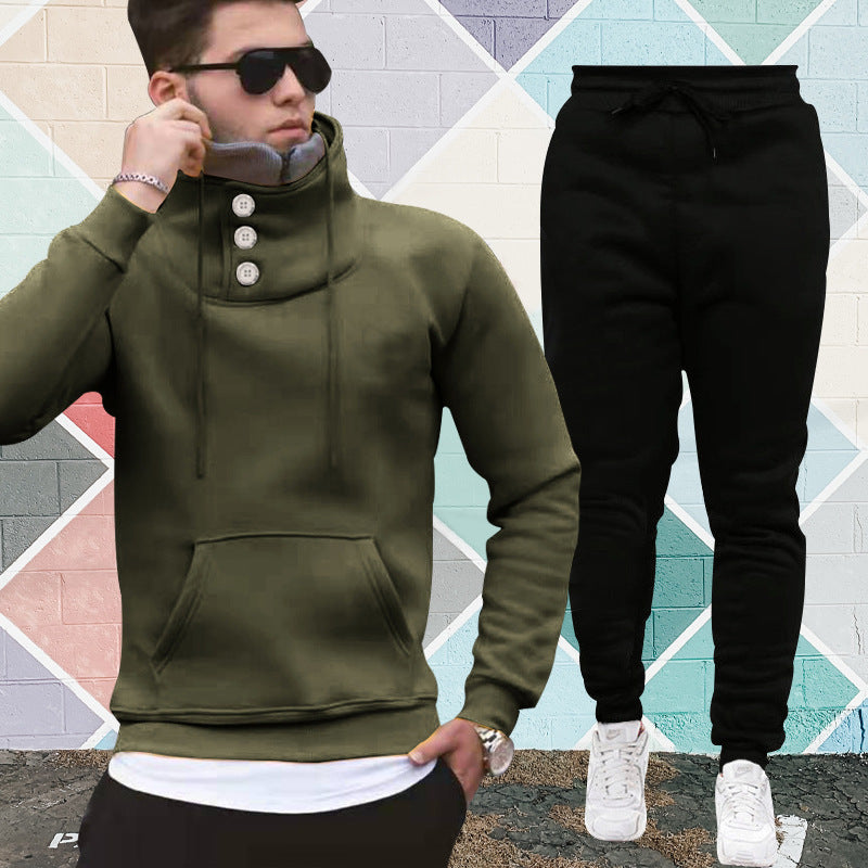 Hooded Pullover High Collar Double Collar Plush Casual Sports Sweater Suit For Men