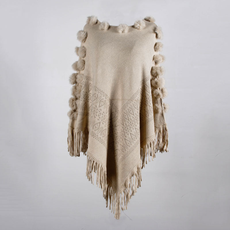 Fringed Cloak Shawl Hair Ball Round Neck Pullover Solid Color Sweater Women