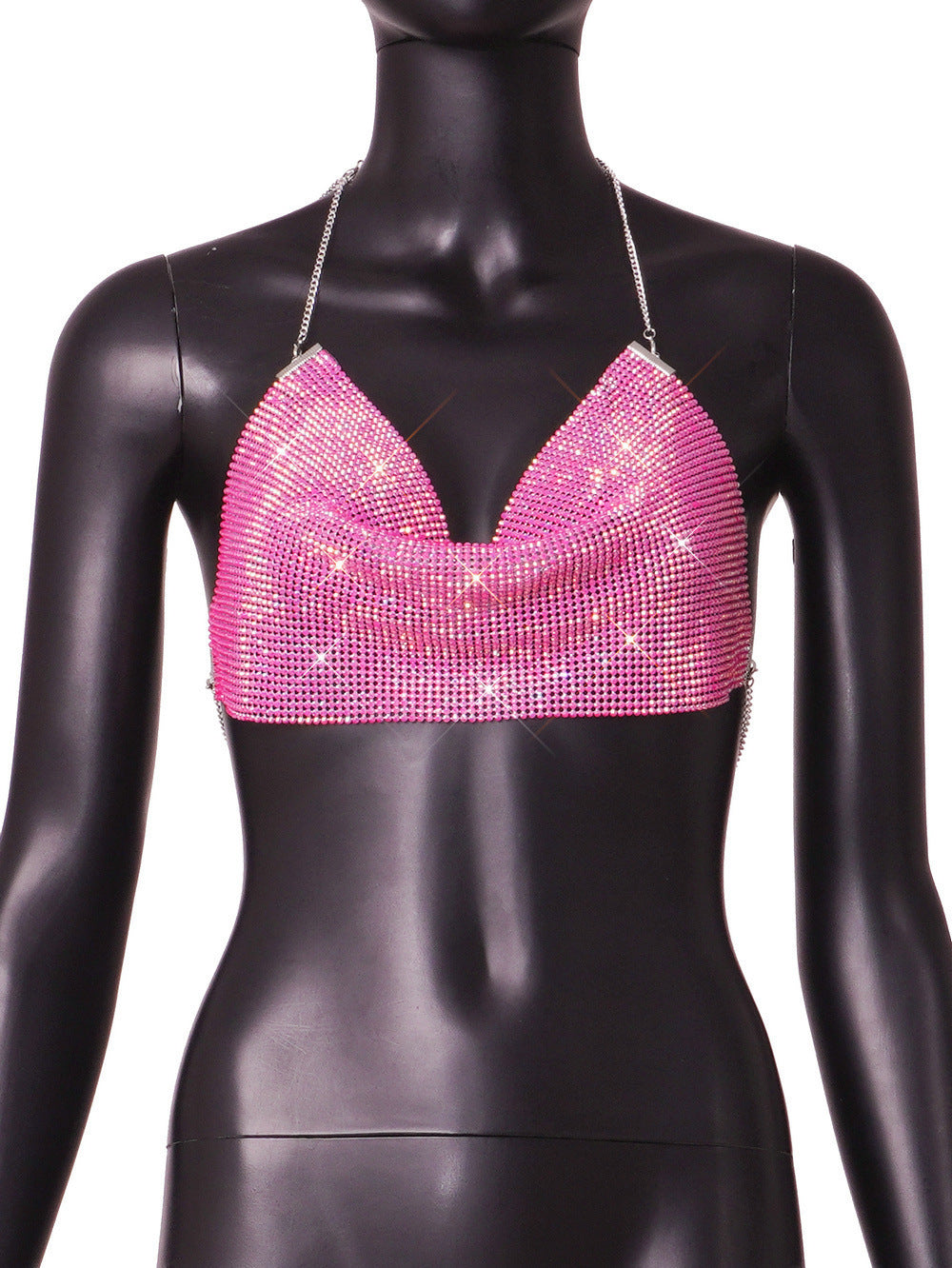 Women's Fashion Metal Super Flash Rhinestone Chain Halter Tube Top Sling