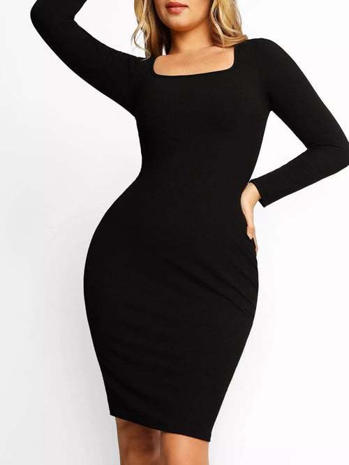 Round Neck Sleeved Slim Fitting Long Dress