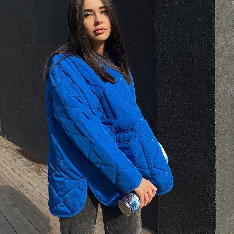 New Casual Loose Blue Round Neck Cotton Coat Women