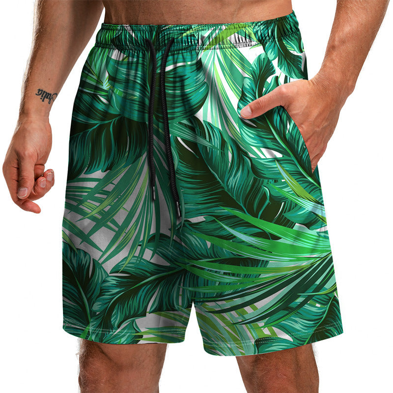 Summer New Leaf Series 3D Printed Shorts Loose Beach Pants Fashion Casual Shorts Men