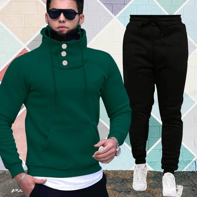 Hooded Pullover High Collar Double Collar Plush Casual Sports Sweater Suit For Men