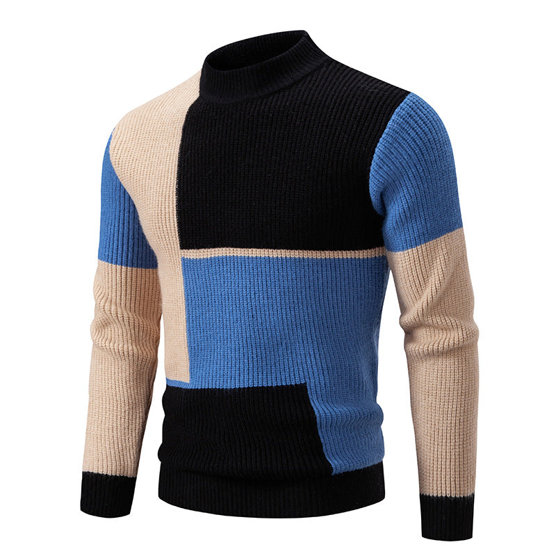 Men's Knitwear Sweater Color Stitching Stand-collar