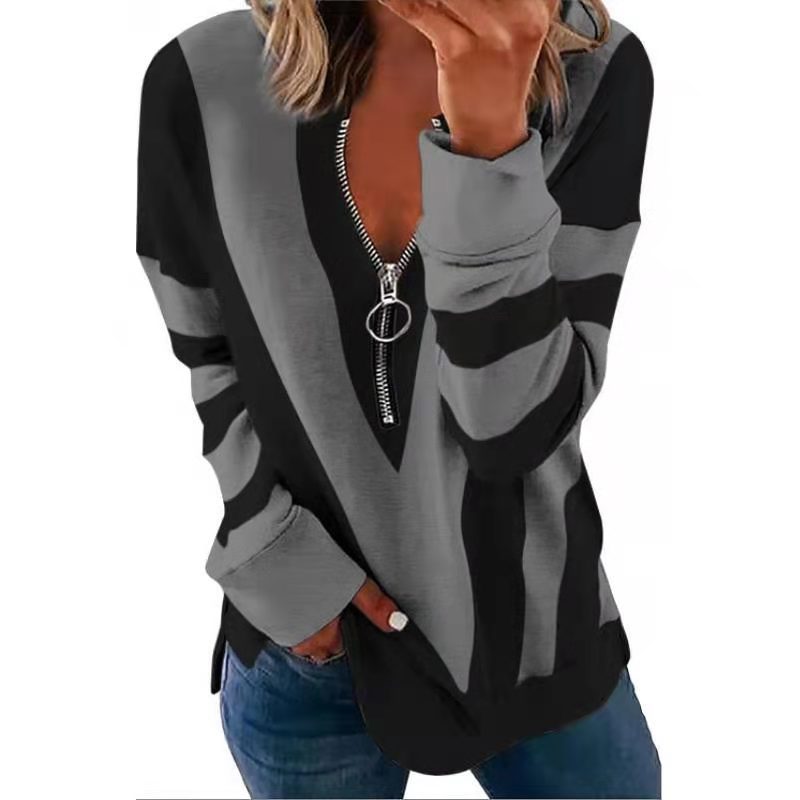 V-neck Zipper Personalized Printing Long-sleeved Sweatshirt