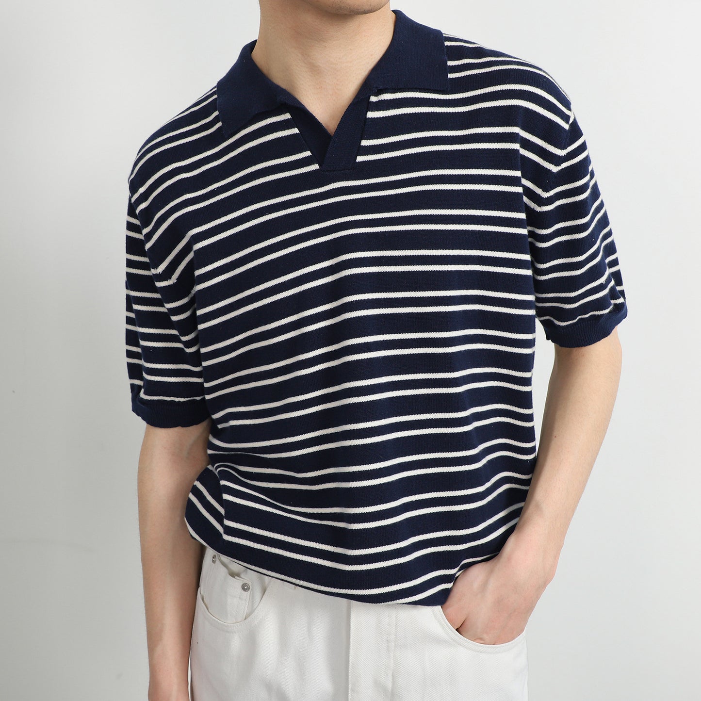 V-neck Ice Silk Striped Polo Shirt Men's Short-sleeved Lapel T-shirt