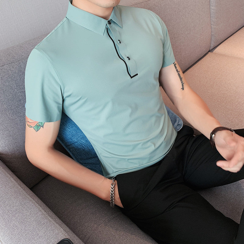 New Men's Ice Silk Drape Polo Shirt Seamless Stretch Lapel T-Shirt