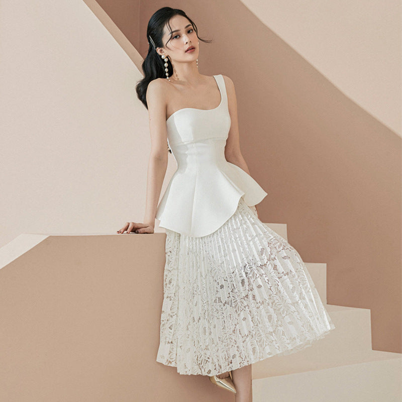 One-shoulder Asymmetric Long Suit Dinner Party White Dress Skirt Women