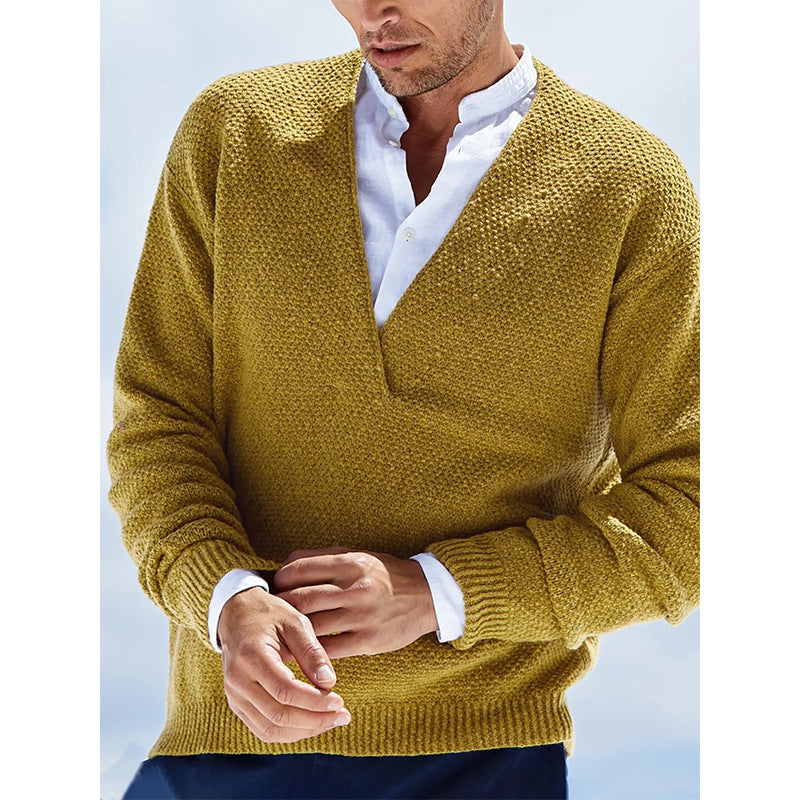 Solid Color Long-sleeved V-neck Knitted Men's Sweater