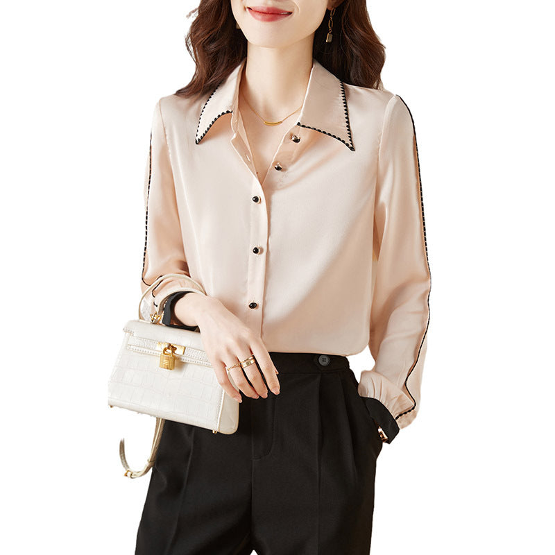 Satin Lapel Shirt Top For Women