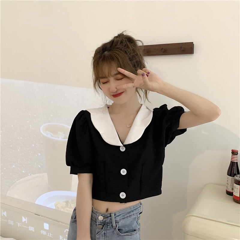 Women''s Clothing Short Sleeve Net Red Foreign Style Versatile Short Bubble Sleeve Sweater