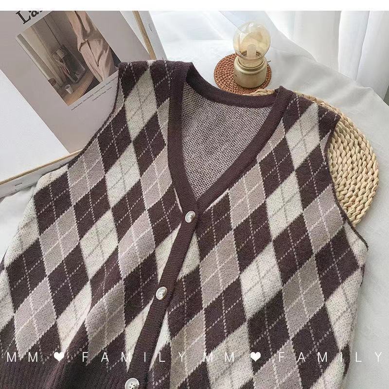 Fashion Diamond Plaid Sweater Vest Cardigan Jacket Women