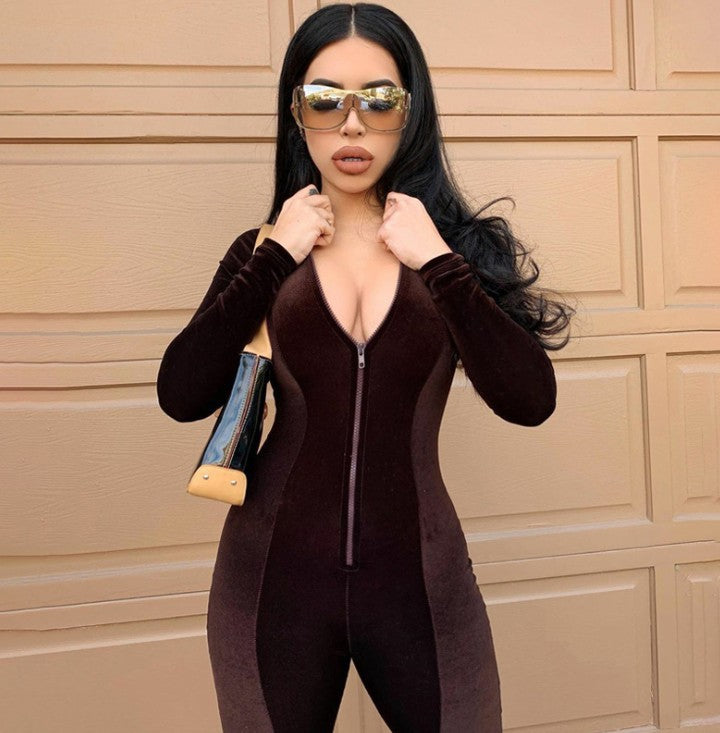 Women Long Sleeve Skinny Jumpsuit Ladies Autumn Velvet Sexy Female Slim Zipper One-piece Pants Solid Color Jumpsuits