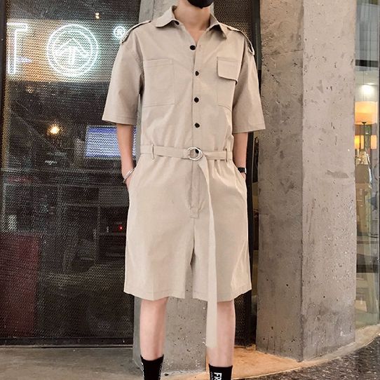 Fashion Men Romper Jumpsuit With Belt Half Sleeve Streetwear