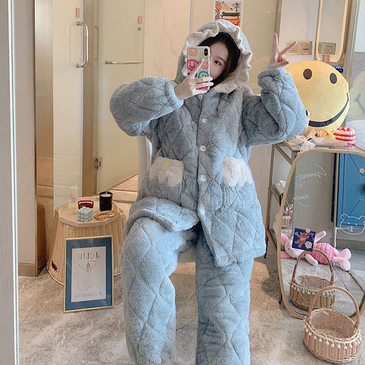 Pajamas Women Plus Cotton Coral Velvet Thick Quilted Cartoon Mid-length Flannel Home Service Suit