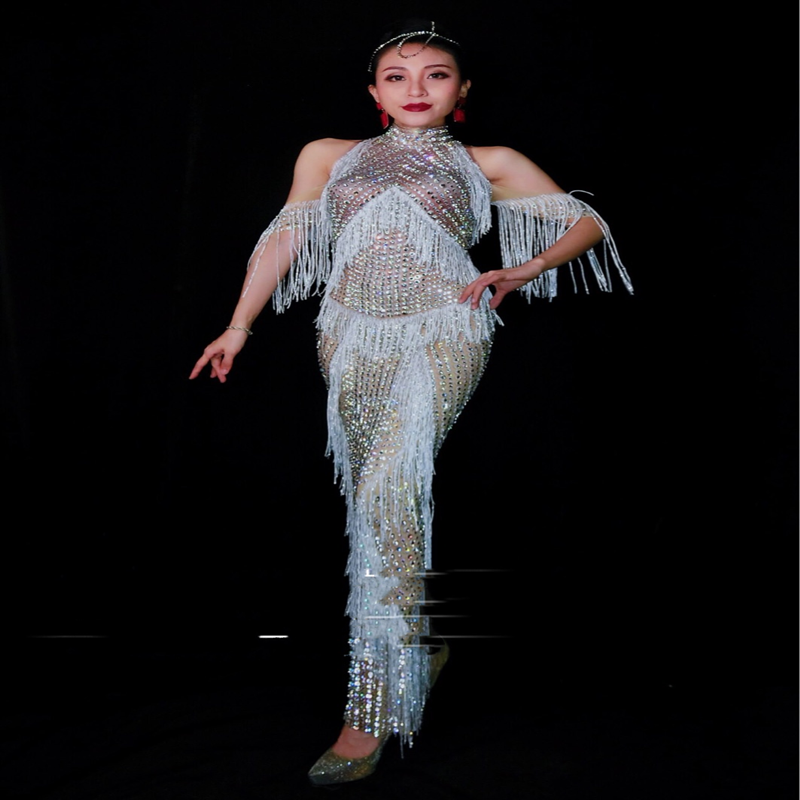 Full Diamond Fringed One-piece Dress Female Song Dj Dance Team