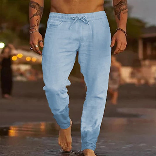 Men's Solid Color Drawstring Cotton Linen Loose Casual Beach Pants