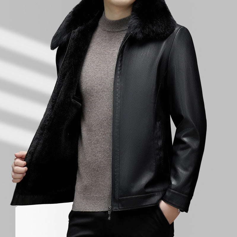 Business Casual Big Fur Collar Men's Leather Coat