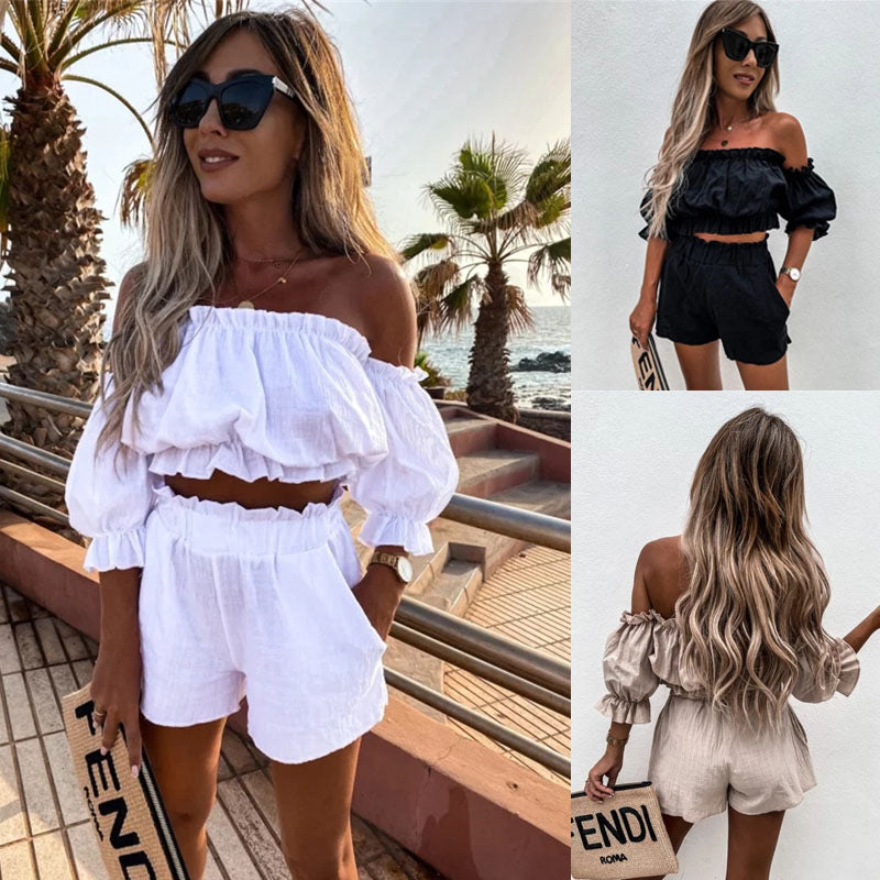 Women Wrapped Chest Short Style Top Shorts One Line Shoulder Two-piece Set