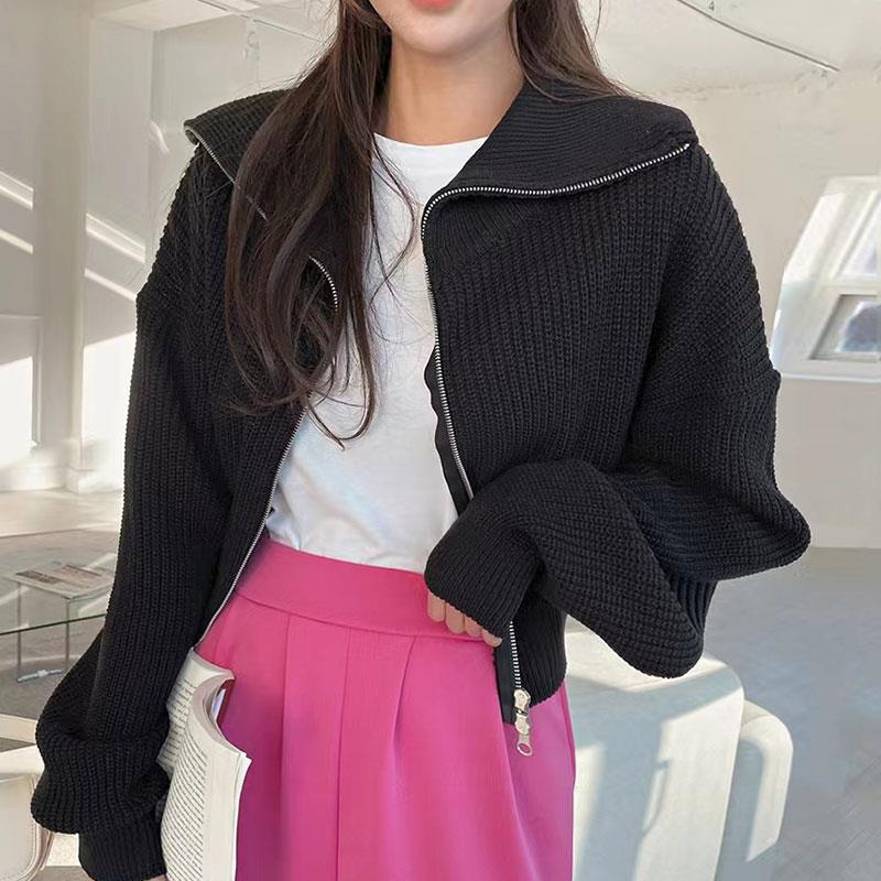 Soft Lapel Double Zipper Loose Long Sleeve Knitted Sweater For Women