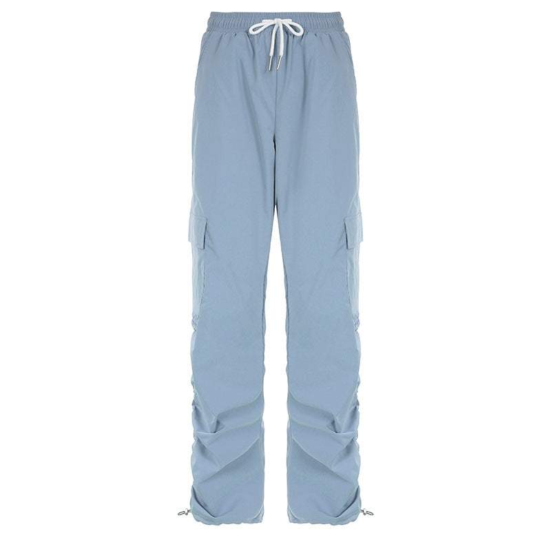 Grey Blue Pleated Drawstring Casual Pants For Women