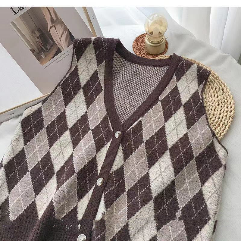 Fashion Diamond Plaid Sweater Vest Cardigan Jacket Women