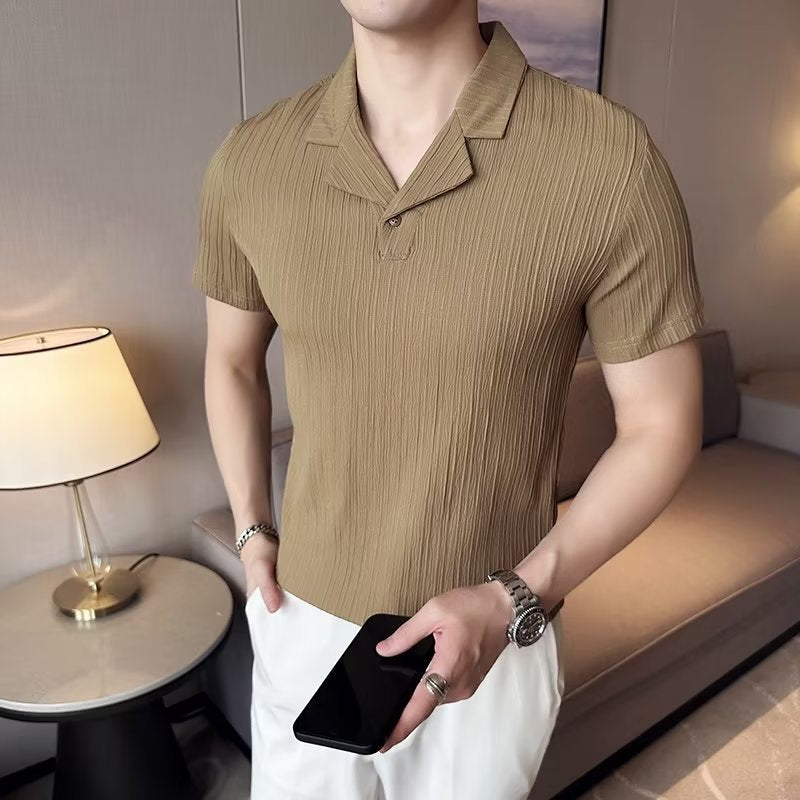 Cuba Collar Short Sleeve T-shirt Men's Summer Ice Silk Stripes Polo Shirt