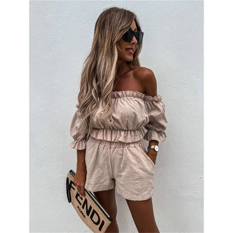 Women Wrapped Chest Short Style Top Shorts One Line Shoulder Two-piece Set